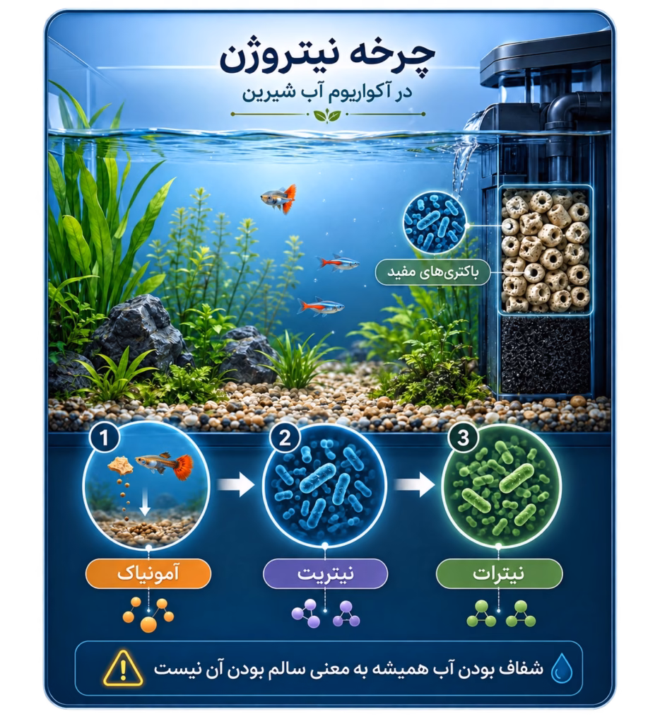 اینفوگرافیک چرخه نیتروژن در آکواریوم آب شیرین از آمونیاک به نیتریت و نیترات